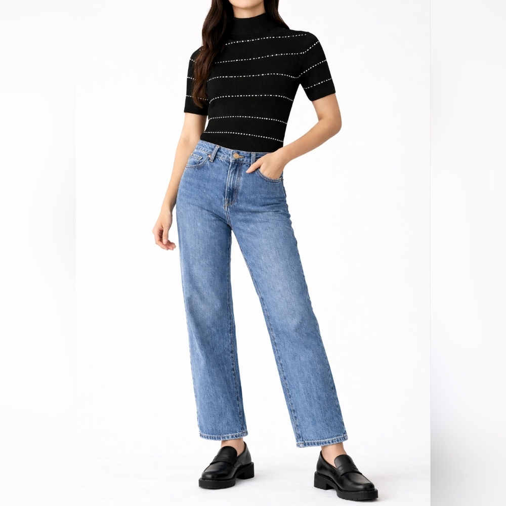 WHITE HOUSE BLACK MARKET Textured Stripe Mock Neck Sweater | S | Minimalist
